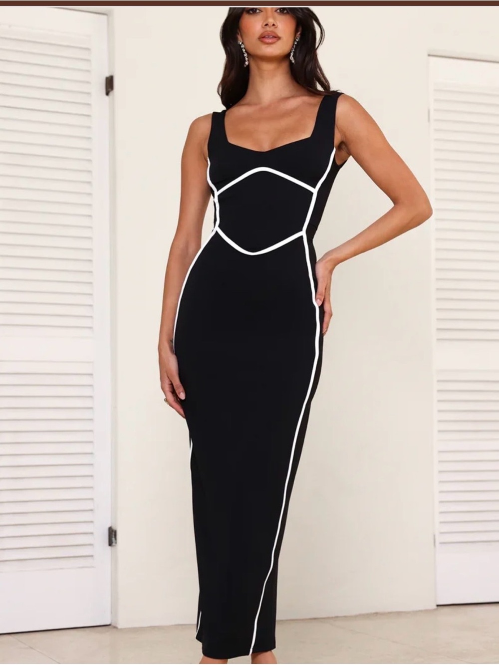 AKIRA Black Midi Bodycon Dress with White Piping
